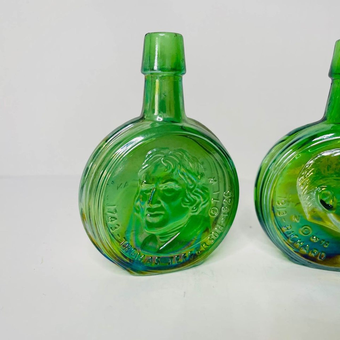 Wheaton Glass Green Thomas Jefferson & Richard Nixon Bottle 3" Tall