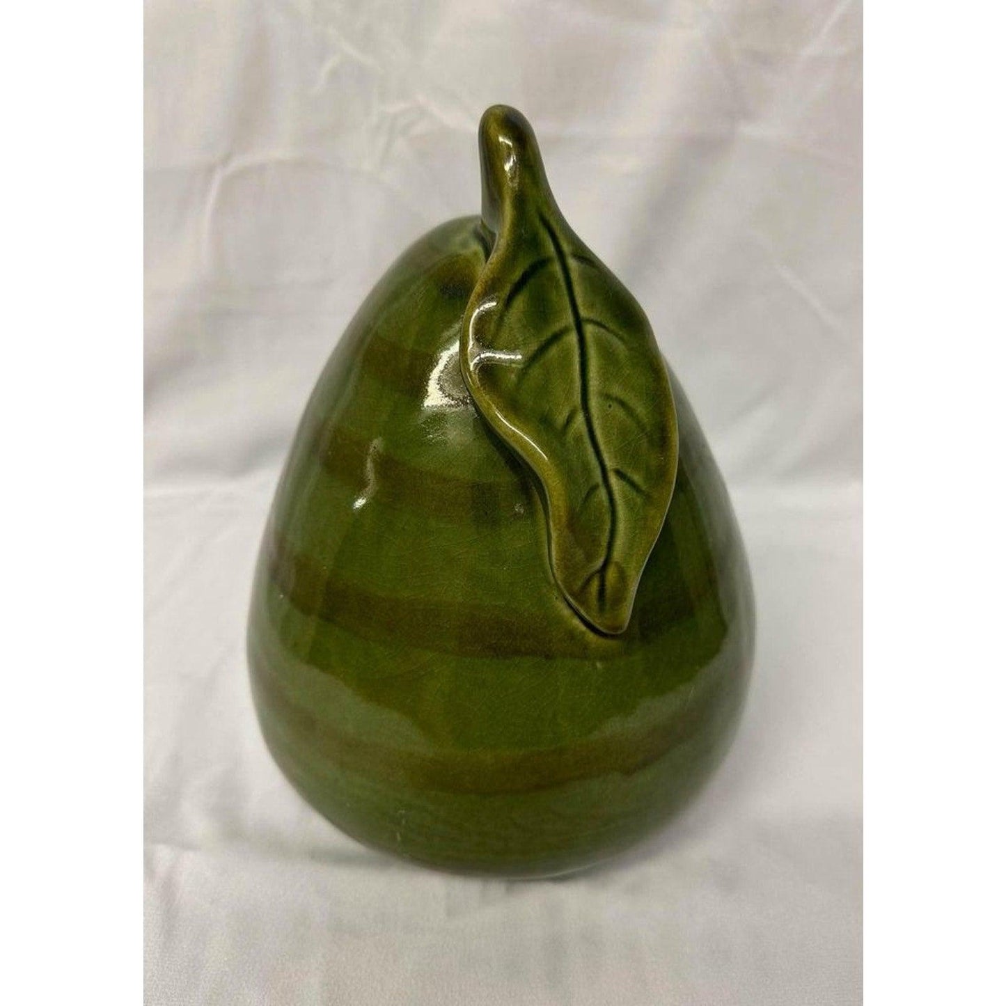 Large Decorative Pear Green Stripe Ceramic Fruit Leaf Farmhouse Country Mod 10"