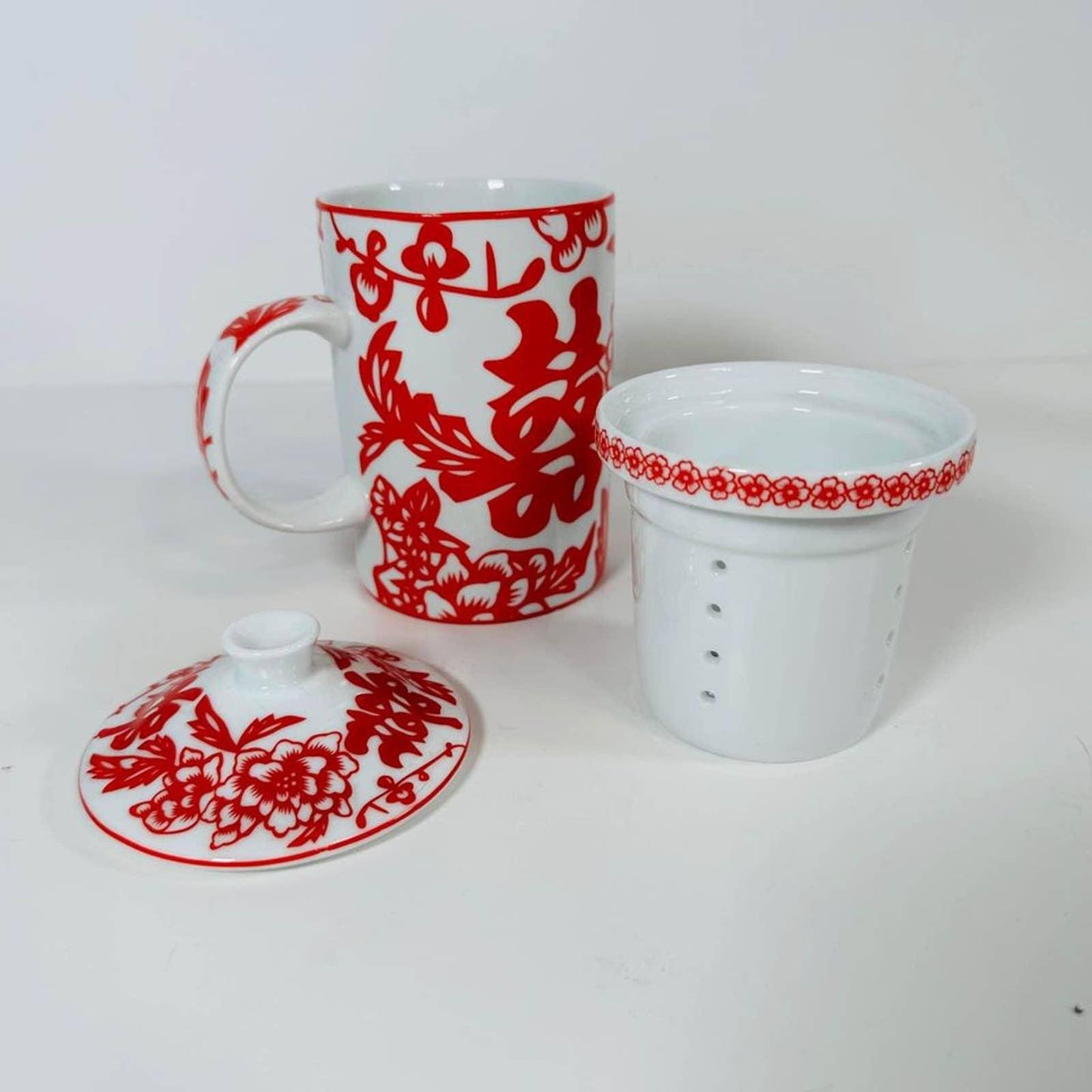 “QINGHUA” RARE  3 PIECE TEA CUP MUG W/ INFUSER & LID